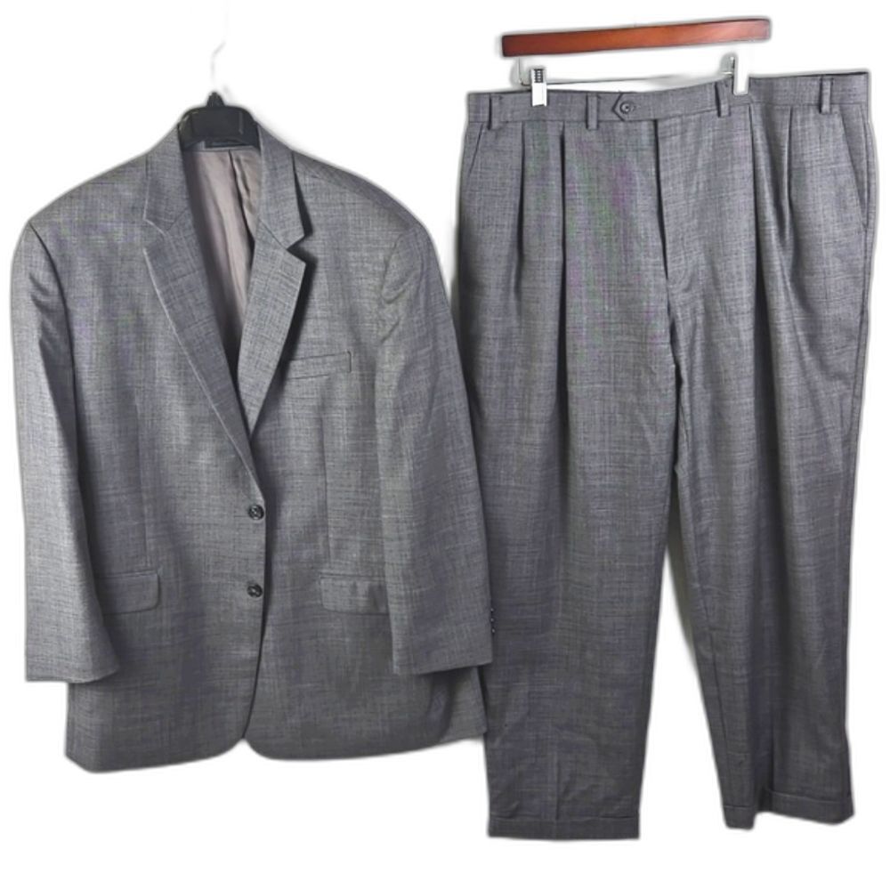 Chaps Wool Two Piece Suit Set Blazer Pants 46Lx42W Gray Business Professional